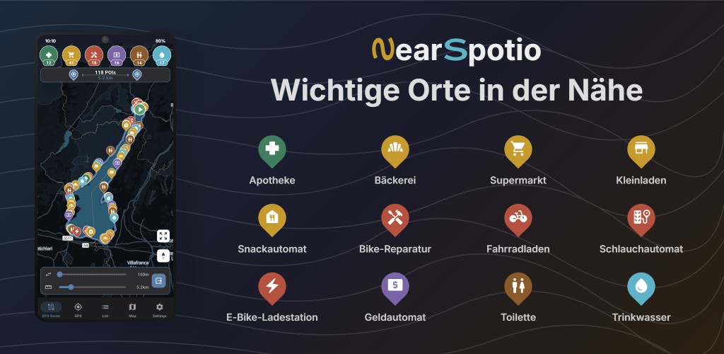 NearSpotio App zeigt POIs entlang einer GPX-Fahrradroute